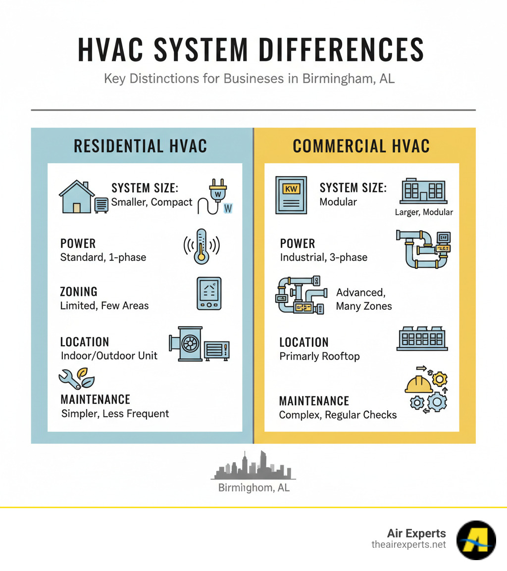Infographic showing the key differences between residential and commercial HVAC systems, including system size comparison, power requirements, zoning complexity, installation location differences, and maintenance needs - commercial hvac installation birmingham al infographic 