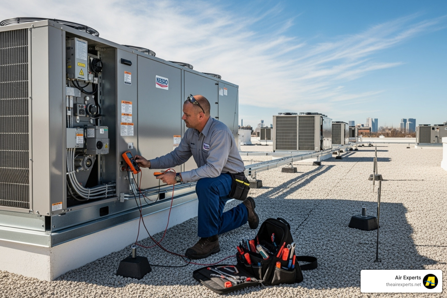 technician performing a tune-up on a clean commercial HVAC unit - commercial hvac installation birmingham al