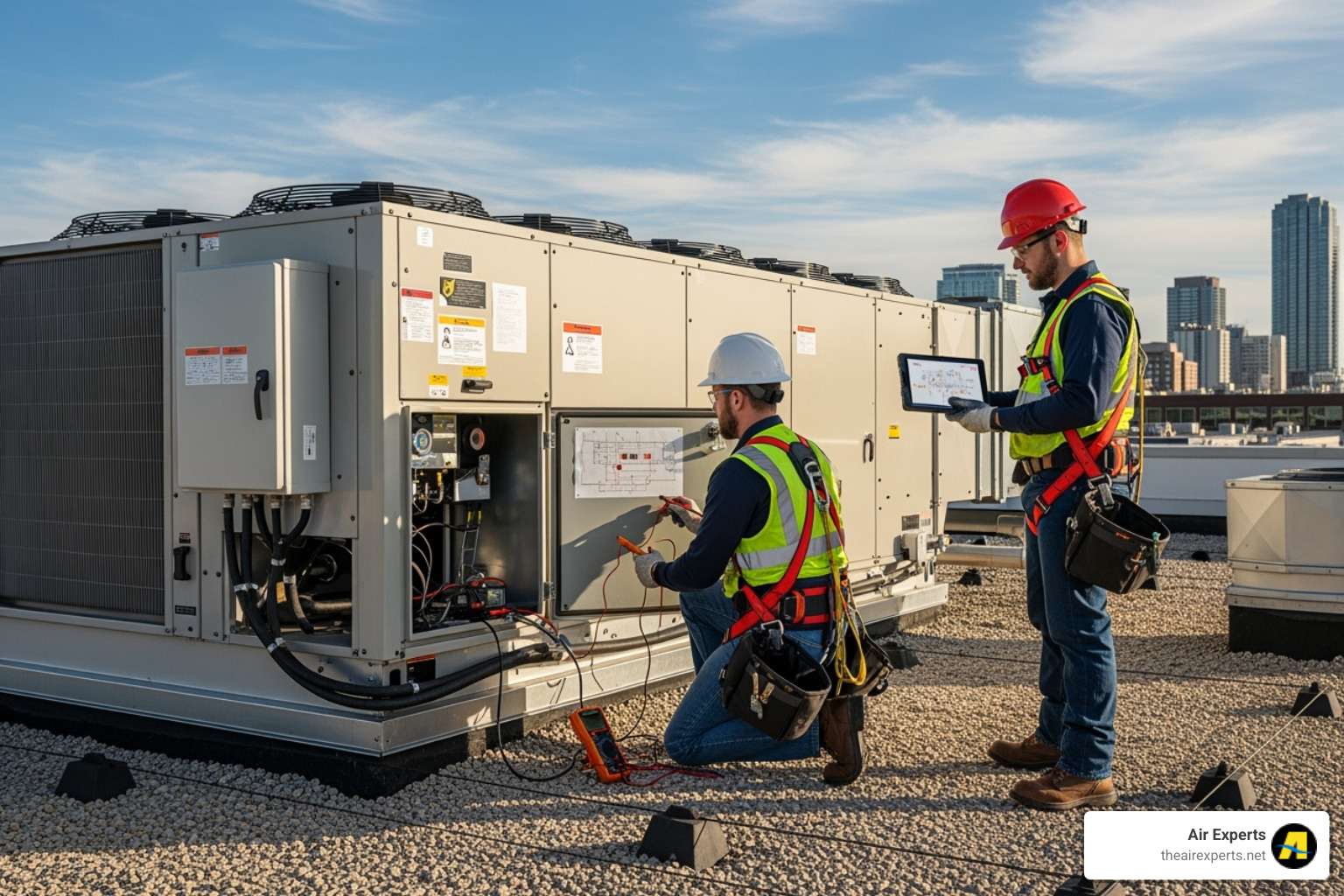HVAC technicians safely working on a commercial rooftop unit - commercial hvac installation birmingham al