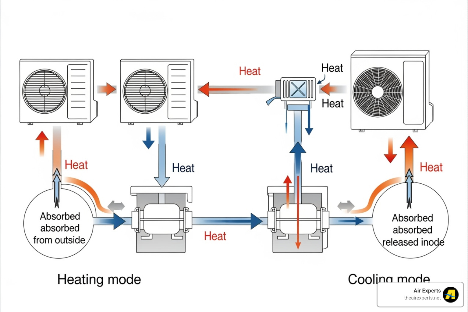 diagram of the heat pump cycle in both heating and cooling modes - air source heat pump