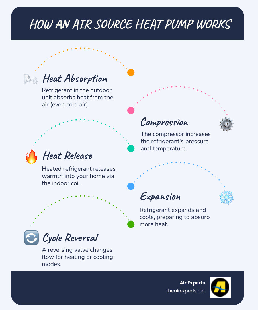 Detailed infographic showing how an air source heat pump moves heat from outdoor air into a home during winter heating mode, and removes heat from indoor air during summer cooling mode, with arrows indicating heat transfer direction and key components labeled - air source heat pump infographic infographic-line-5-steps-blues-accent_colors