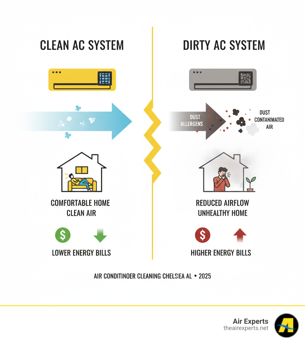 Infographic showing the journey of air through a clean AC system versus a dirty AC system, with clean air flowing into a comfortable home on one side and contaminated air with dust, allergens, and reduced airflow on the dirty system side - air conditioner cleaning chelsea al infographic 