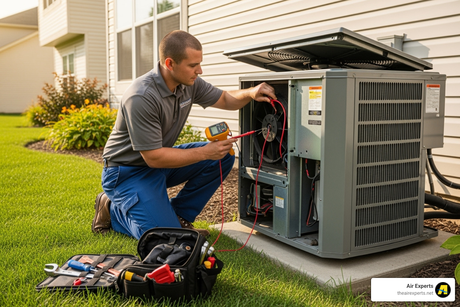 HVAC technician inspecting AC unit - air conditioner cleaning chelsea al