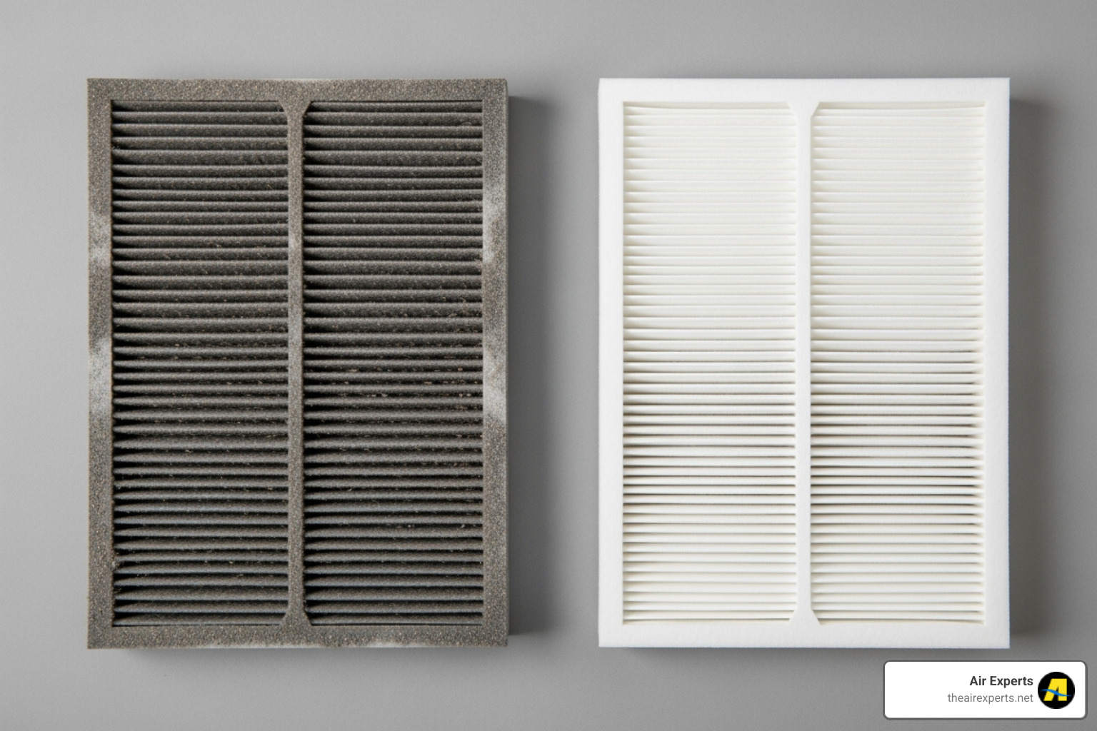 A dusty, clogged filter next to a clean one - hvac filter upgrade sylacauga al A dusty, clogged filter next to a clean one - hvac filter upgrade sylacauga al