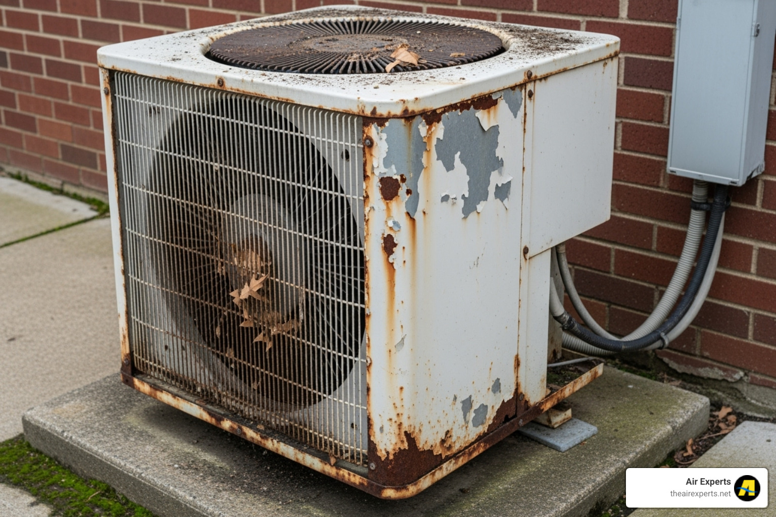 Old, weathered outdoor AC unit with some rust - ac system replacement trussville al Old, weathered outdoor AC unit with some rust - ac system replacement trussville al