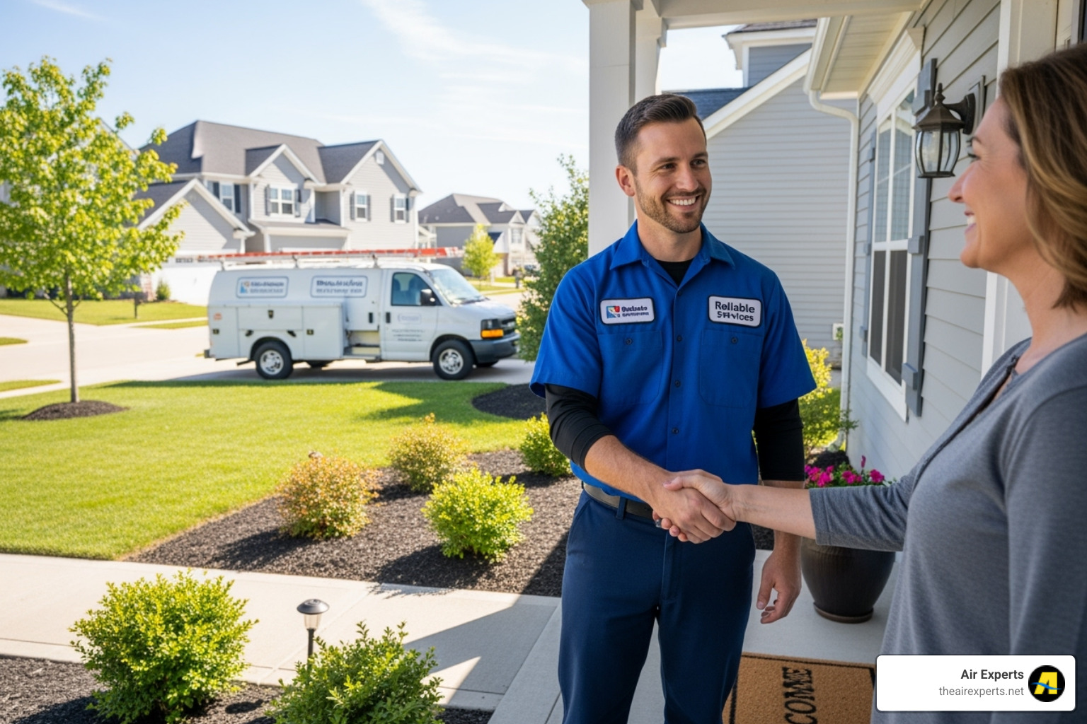 Friendly, uniformed technician shaking a homeowner's hand at their front door - ac system replacement trussville al Friendly, uniformed technician shaking a homeowner's hand at their front door - ac system replacement trussville al