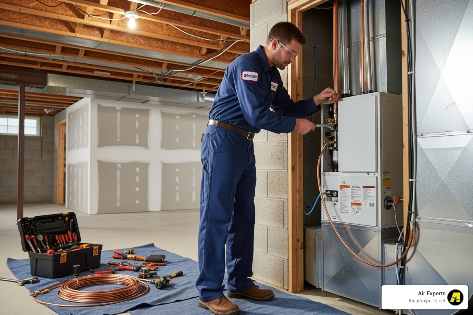 Professional technician carefully installing a new indoor air handler - ac system replacement trussville al Professional technician carefully installing a new indoor air handler - ac system replacement trussville al
