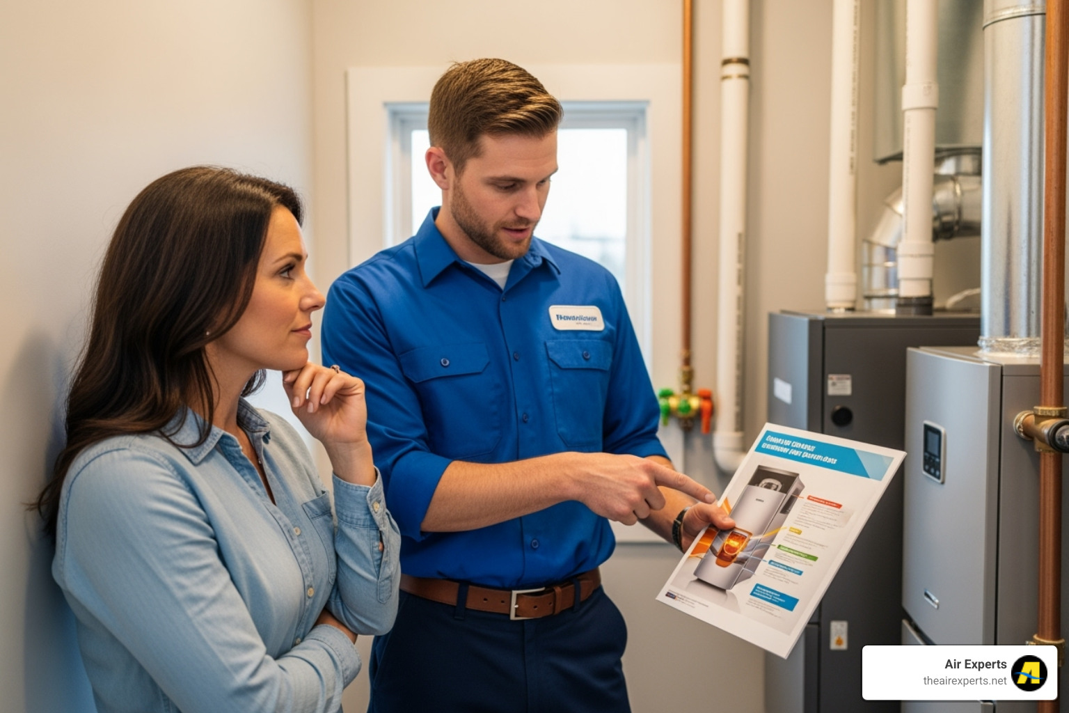 A homeowner and an HVAC technician discussing furnace options, with the technician pointing to a diagram of a modern furnace, emphasizing choices for energy efficiency. - energy efficient furnace install chelsea al A homeowner and an HVAC technician discussing furnace options, with the technician pointing to a diagram of a modern furnace, emphasizing choices for energy efficiency. - energy efficient furnace install chelsea al