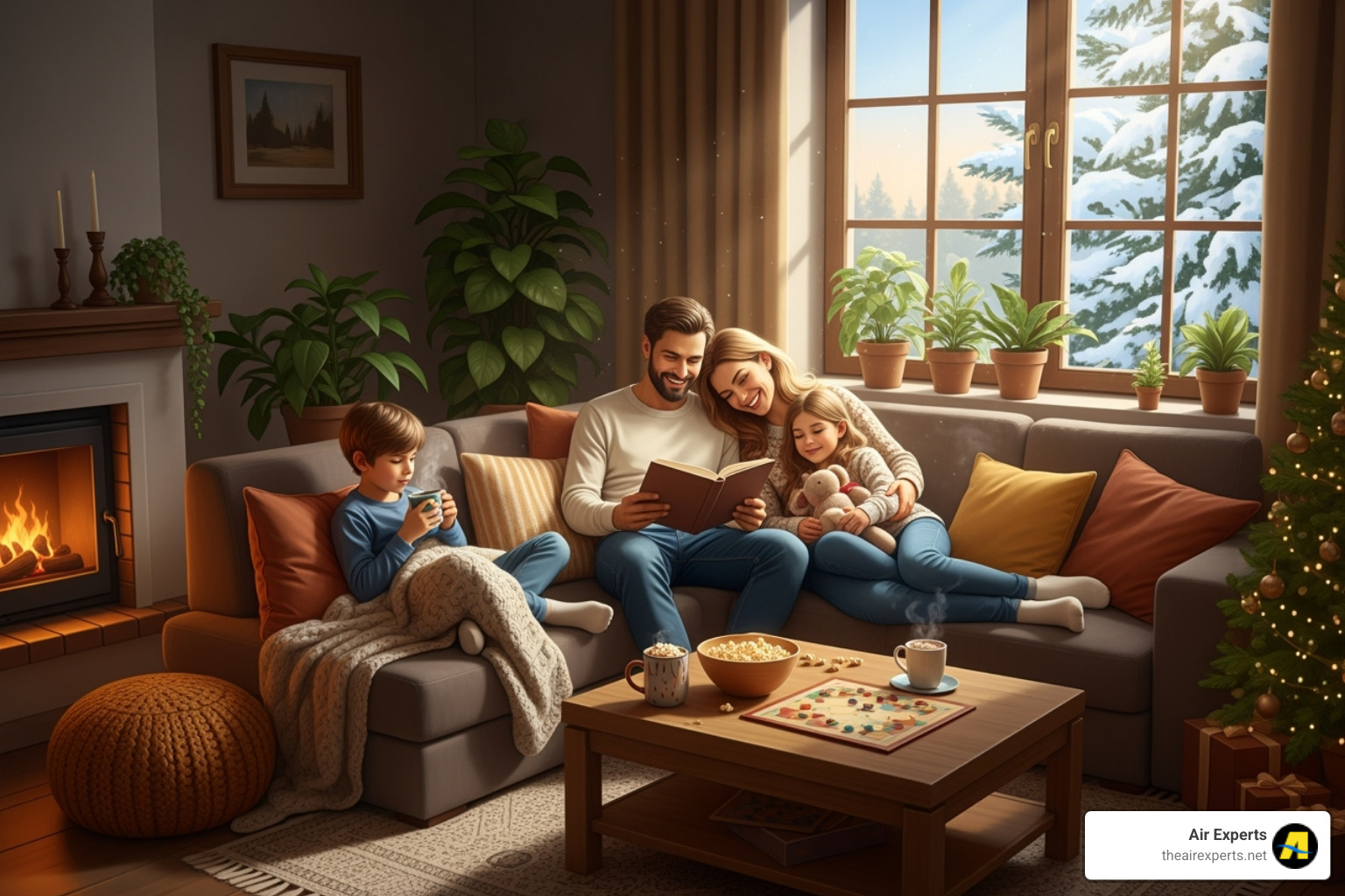 A happy family relaxing comfortably in their living room during winter, enjoying the warmth of their home, with sunlight streaming through a window. - energy efficient furnace install chelsea al A happy family relaxing comfortably in their living room during winter, enjoying the warmth of their home, with sunlight streaming through a window. - energy efficient furnace install chelsea al