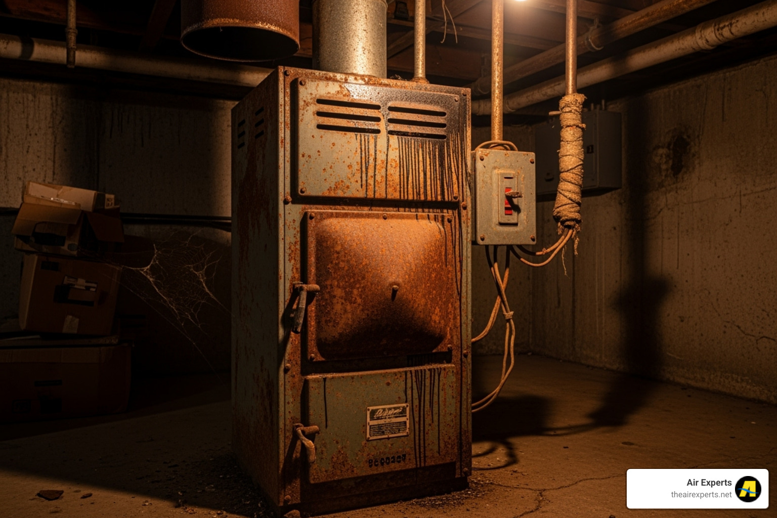 An image of an old, rusted furnace, with visible signs of wear and tear, representing an inefficient heating system in need of replacement. - energy efficient furnace install chelsea al An image of an old, rusted furnace, with visible signs of wear and tear, representing an inefficient heating system in need of replacement. - energy efficient furnace install chelsea al