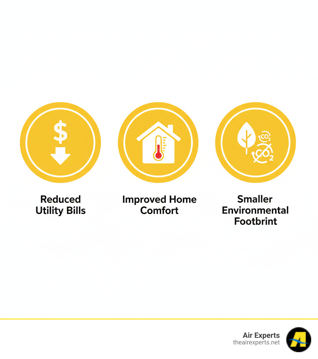 Infographic showing three key benefits of energy-efficient furnace installation: reduced utility bills with dollar sign and downward arrow, improved home comfort with house icon and temperature gauge, and smaller environmental footprint with green leaf and CO2 reduction symbols - energy efficient furnace install chelsea al infographic  Infographic showing three key benefits of energy-efficient furnace installation: reduced utility bills with dollar sign and downward arrow, improved home comfort with house icon and temperature gauge, and smaller environmental footprint with green leaf and CO2 reduction symbols - energy efficient furnace install chelsea al infographic