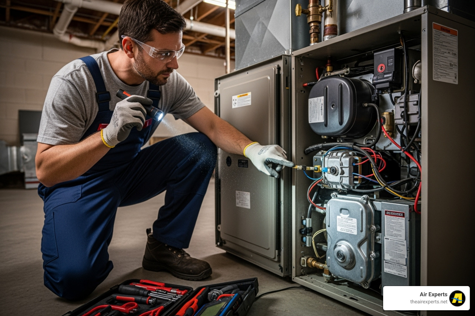 An HVAC technician carefully inspecting the internal components of a furnace during a routine maintenance check, highlighting the importance of professional service. - energy efficient furnace install chelsea al An HVAC technician carefully inspecting the internal components of a furnace during a routine maintenance check, highlighting the importance of professional service. - energy efficient furnace install chelsea al