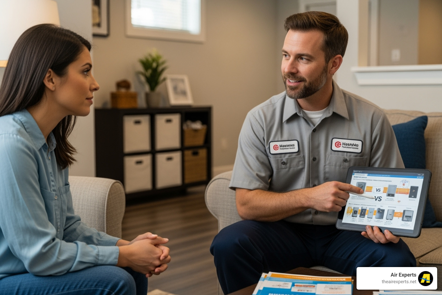 technician explaining different system options to a homeowner - heating installation birmingham al