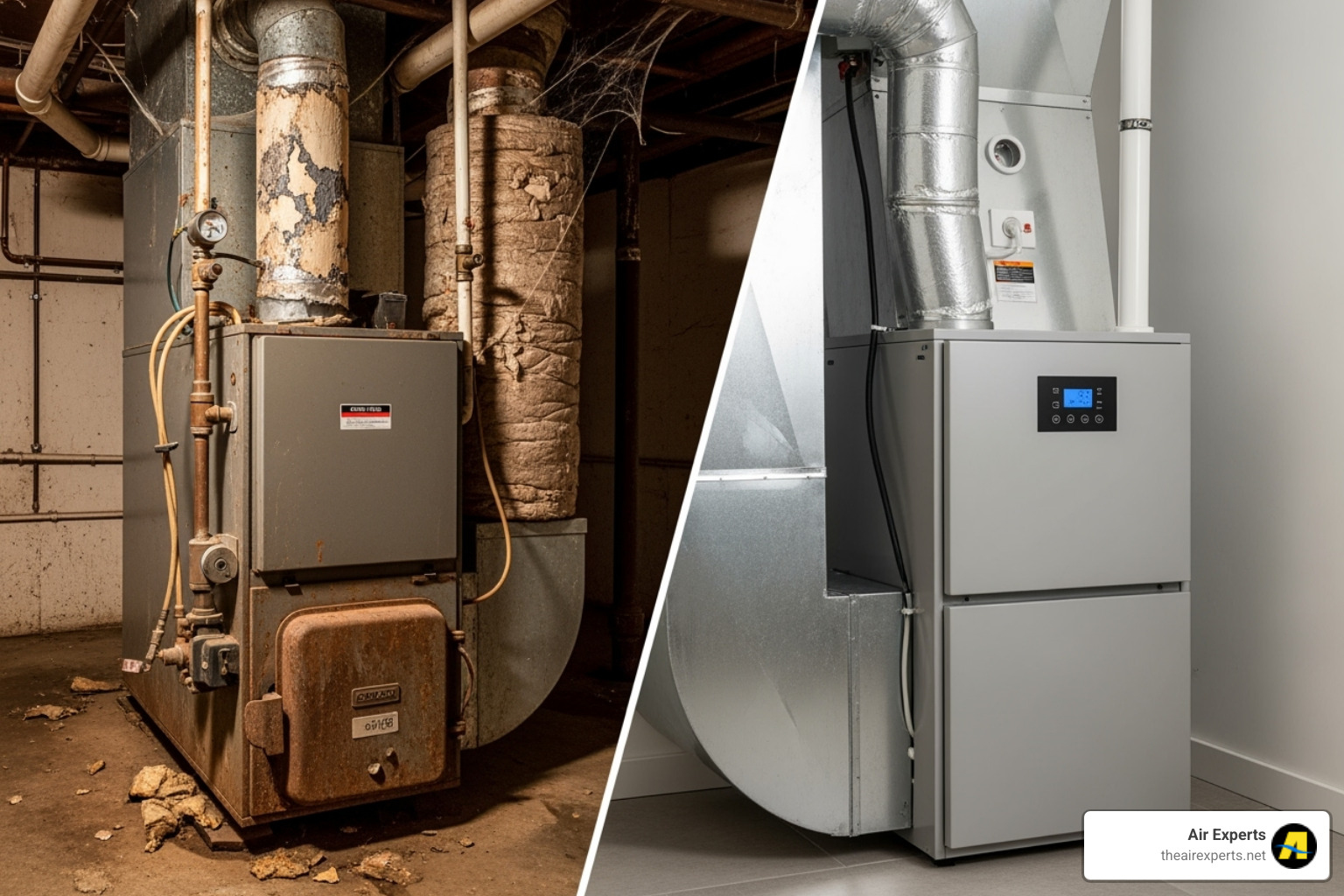 old, inefficient furnace contrasted with a modern one - heating installation birmingham al