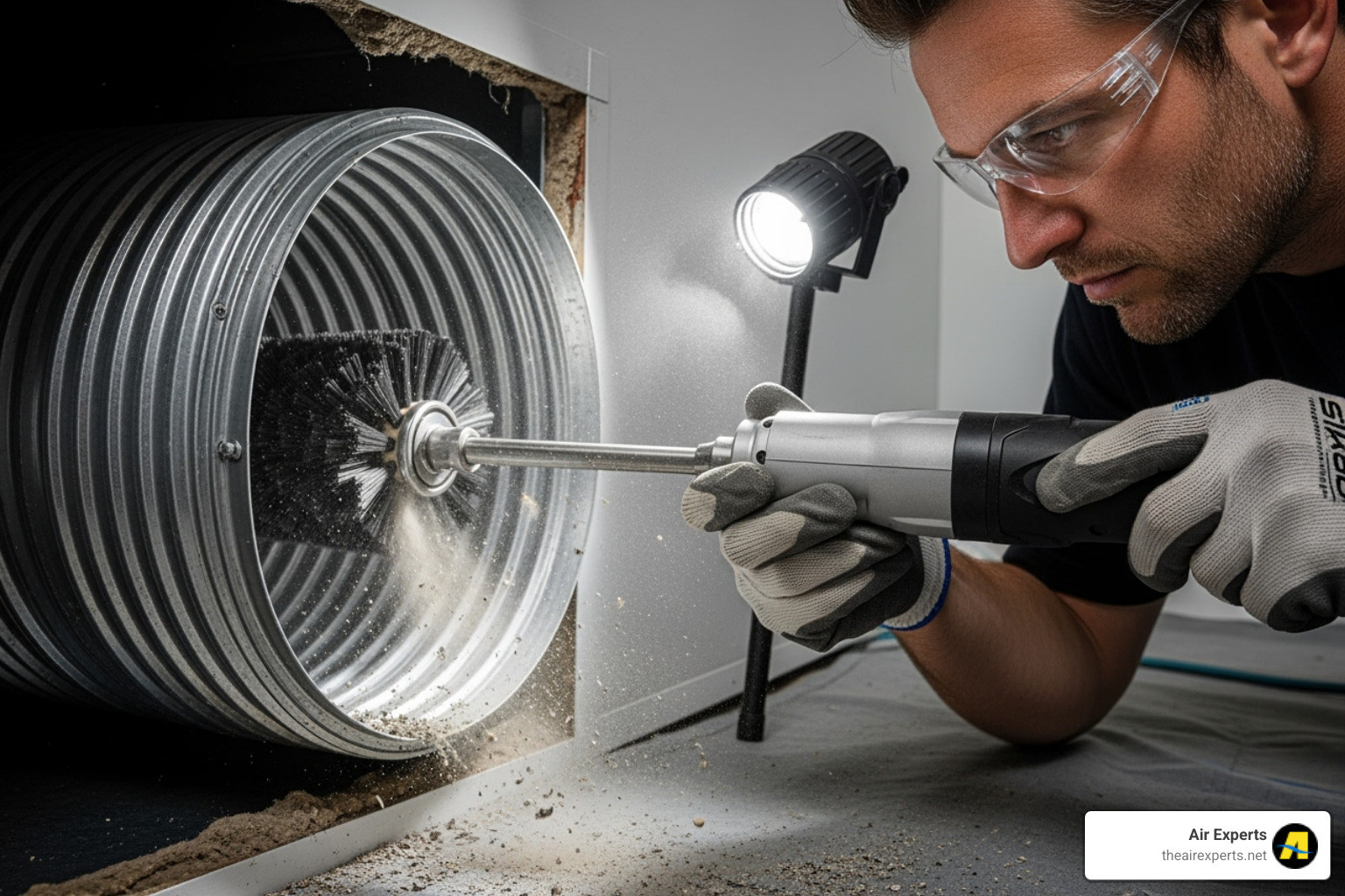 technician using a rotary brush system inside a dryer vent - green dryer vent cleaning technician using a rotary brush system inside a dryer vent - green dryer vent cleaning