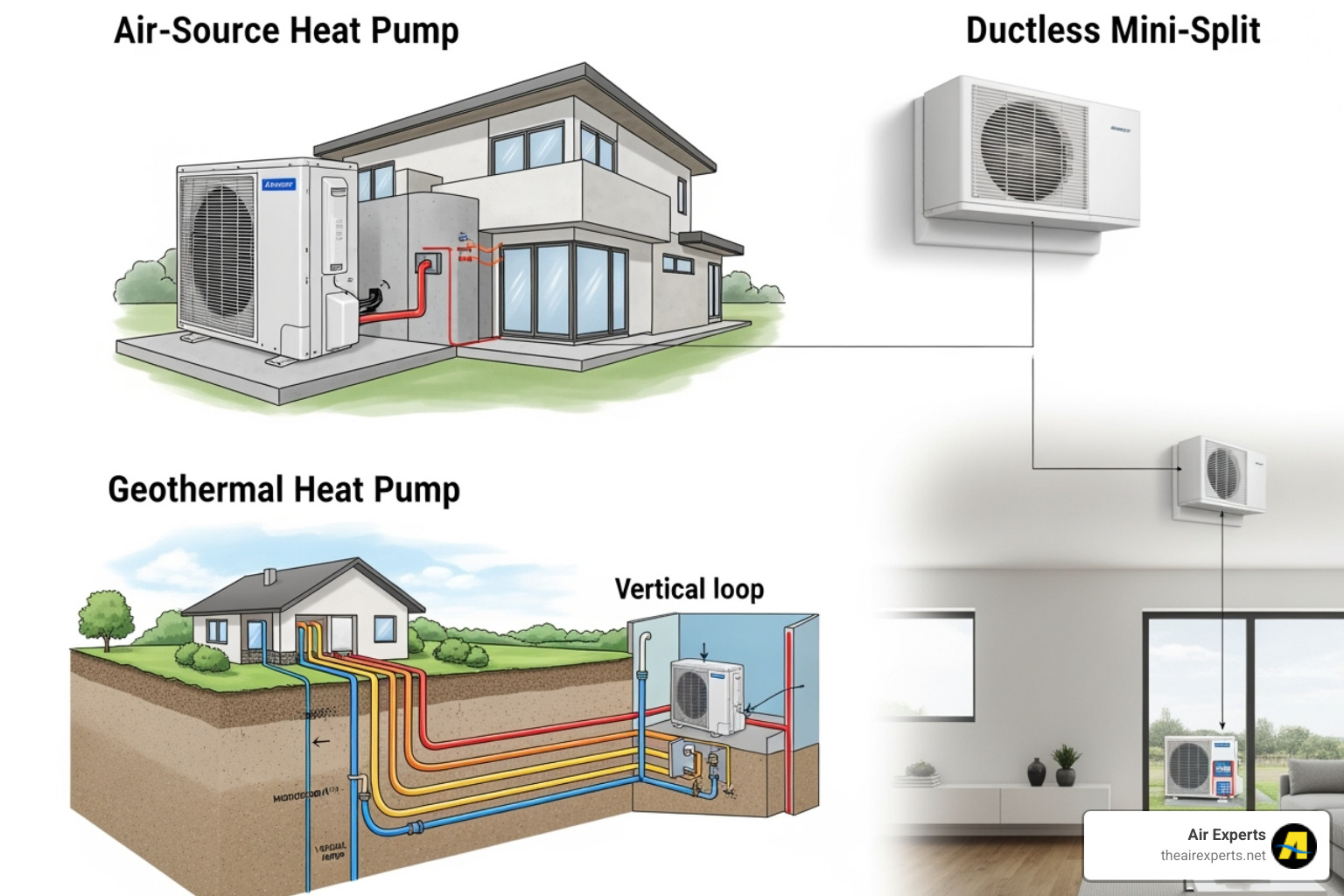 illustration of different types of heat pump systems, including outdoor air-source units, ground loops for geothermal, and wall-mounted ductless units - electric heat pump system illustration of different types of heat pump systems, including outdoor air-source units, ground loops for geothermal, and wall-mounted ductless units - electric heat pump system