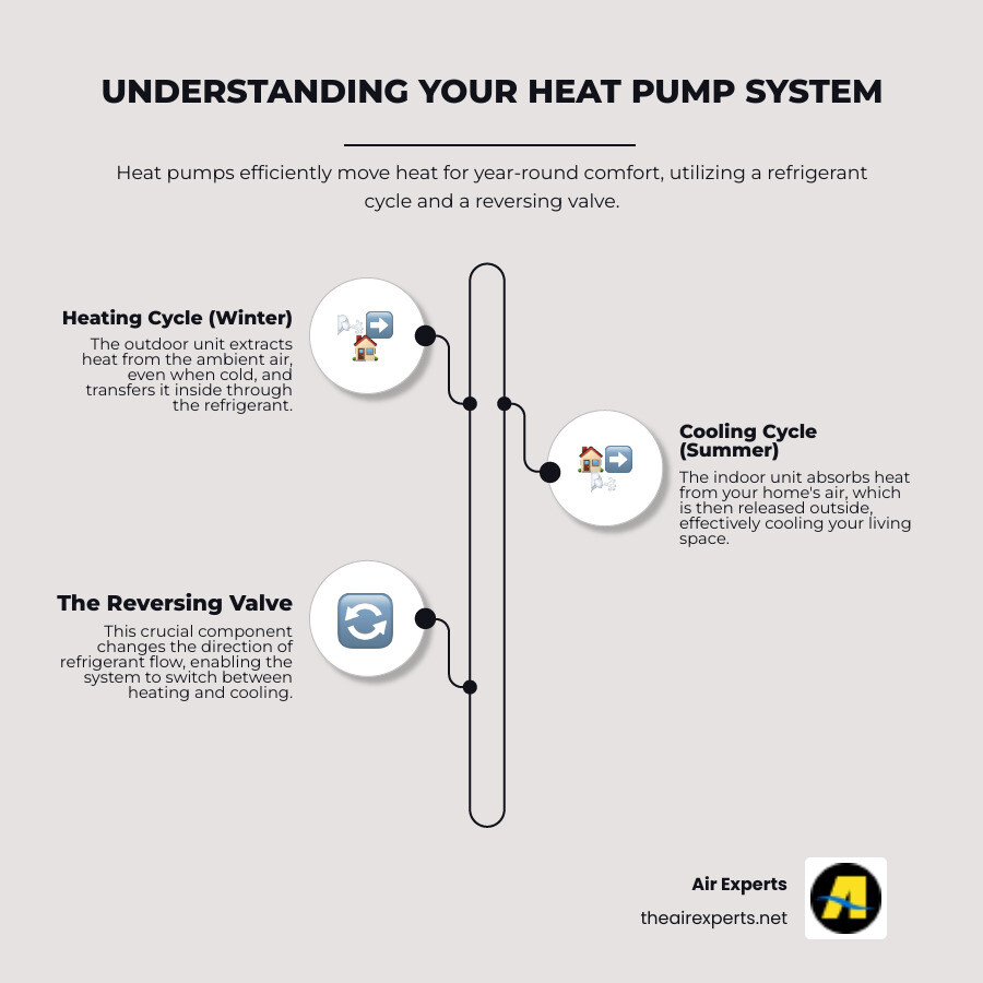 infographic showing heat pump refrigeration cycle in both heating and cooling modes, with arrows indicating refrigerant flow direction, outdoor and indoor units, and the reversing valve position for each season - electric heat pump system infographic infographic-line-3-steps-elegant_beige infographic showing heat pump refrigeration cycle in both heating and cooling modes, with arrows indicating refrigerant flow direction, outdoor and indoor units, and the reversing valve position for each season - electric heat pump system infographic infographic-line-3-steps-elegant_beige