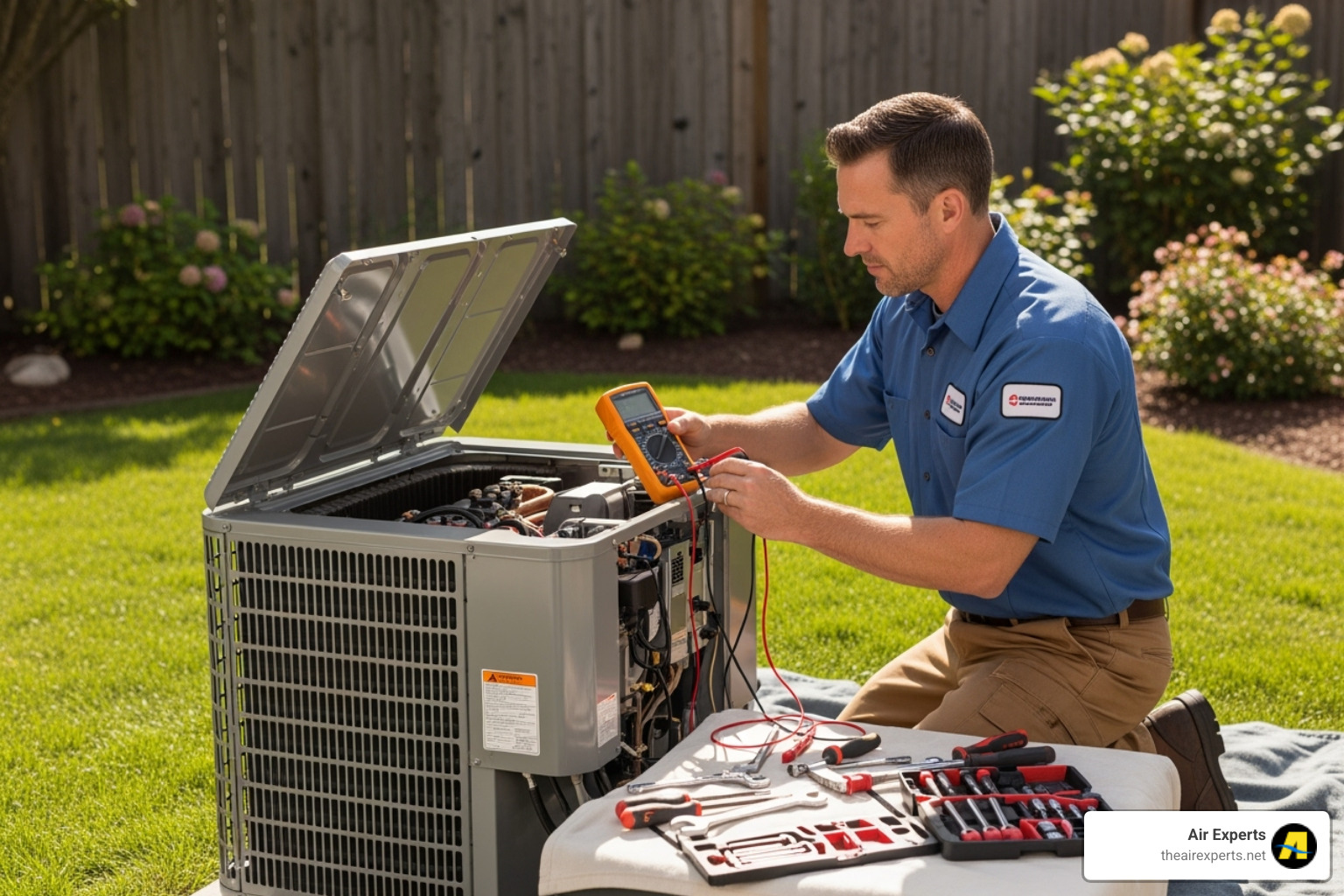technician performing routine maintenance on an outdoor heat pump unit, checking components - electric heat pump system technician performing routine maintenance on an outdoor heat pump unit, checking components - electric heat pump system