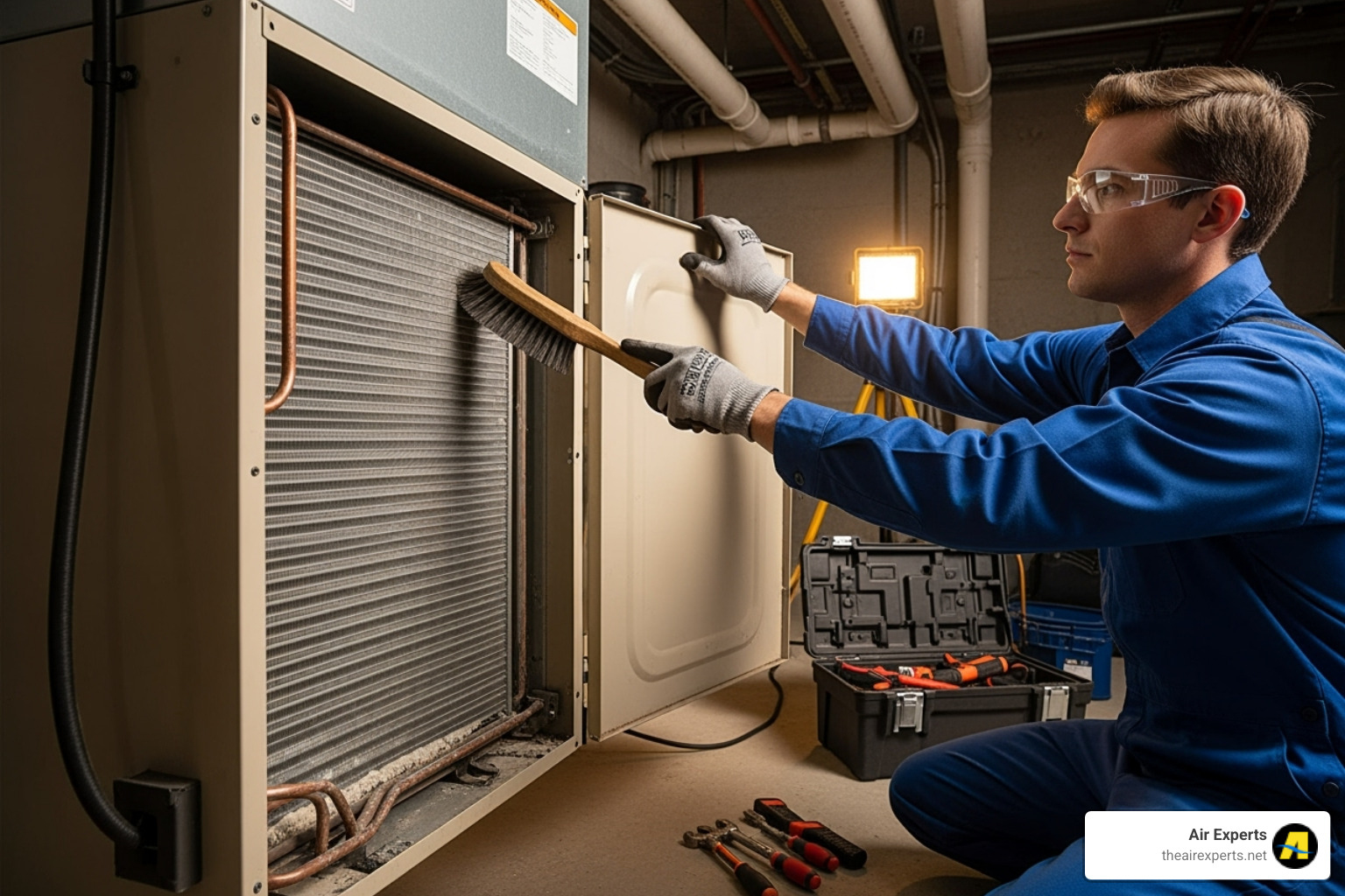 A technician cleaning an indoor HVAC unit component - hvac repair birmingham al A technician cleaning an indoor HVAC unit component - hvac repair birmingham al