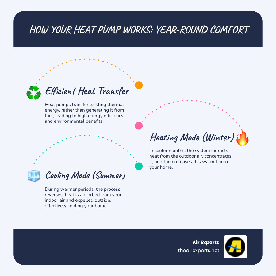 Infographic showing heat pump operation cycle with refrigerant flow direction for both heating and cooling modes, highlighting the reversing valve function and outdoor/indoor unit heat exchange process - heat pump repair birmingham al infographic infographic-line-3-steps-blues-accent_colors