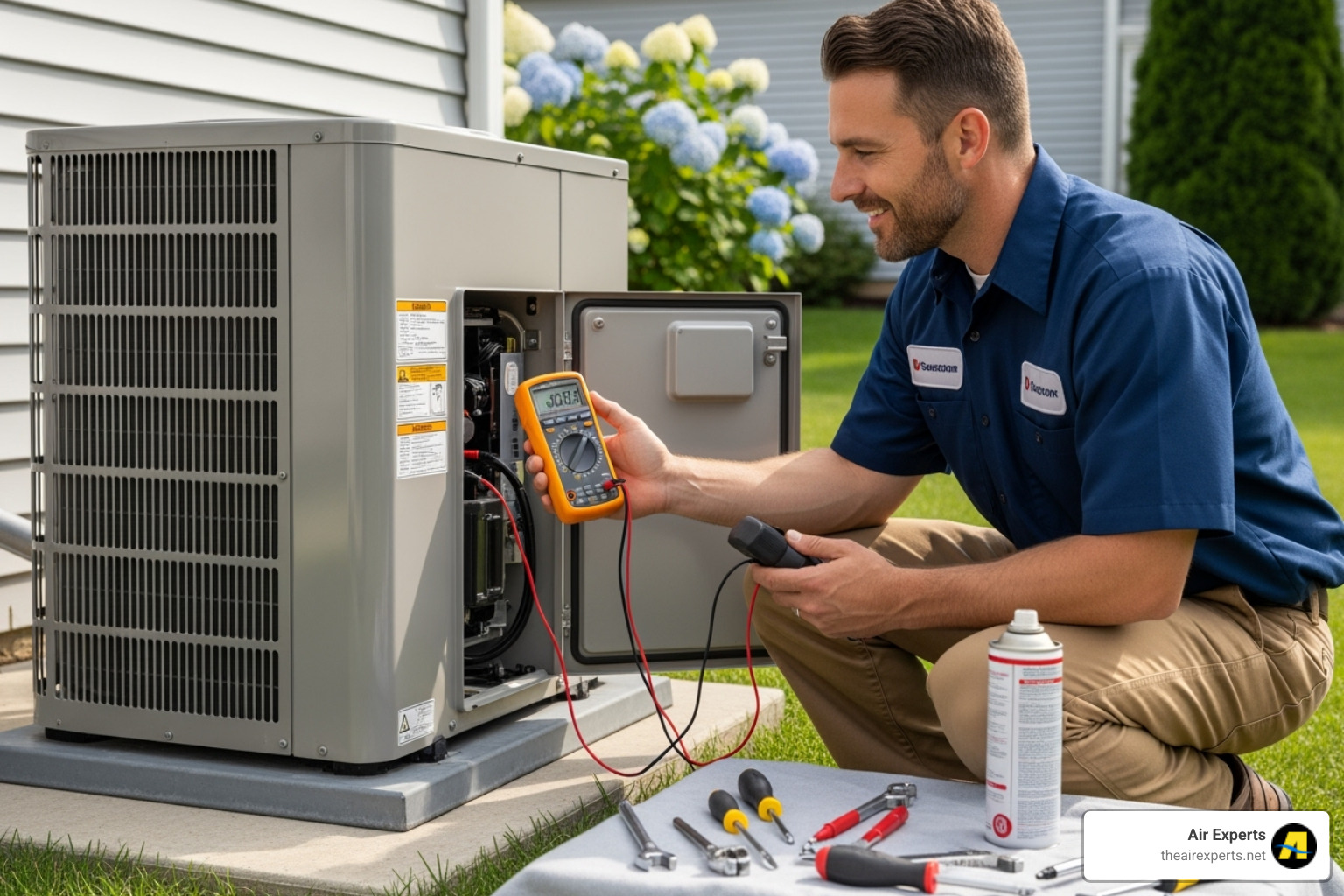 a friendly technician inspecting an outdoor heat pump unit - heat pump repair birmingham al