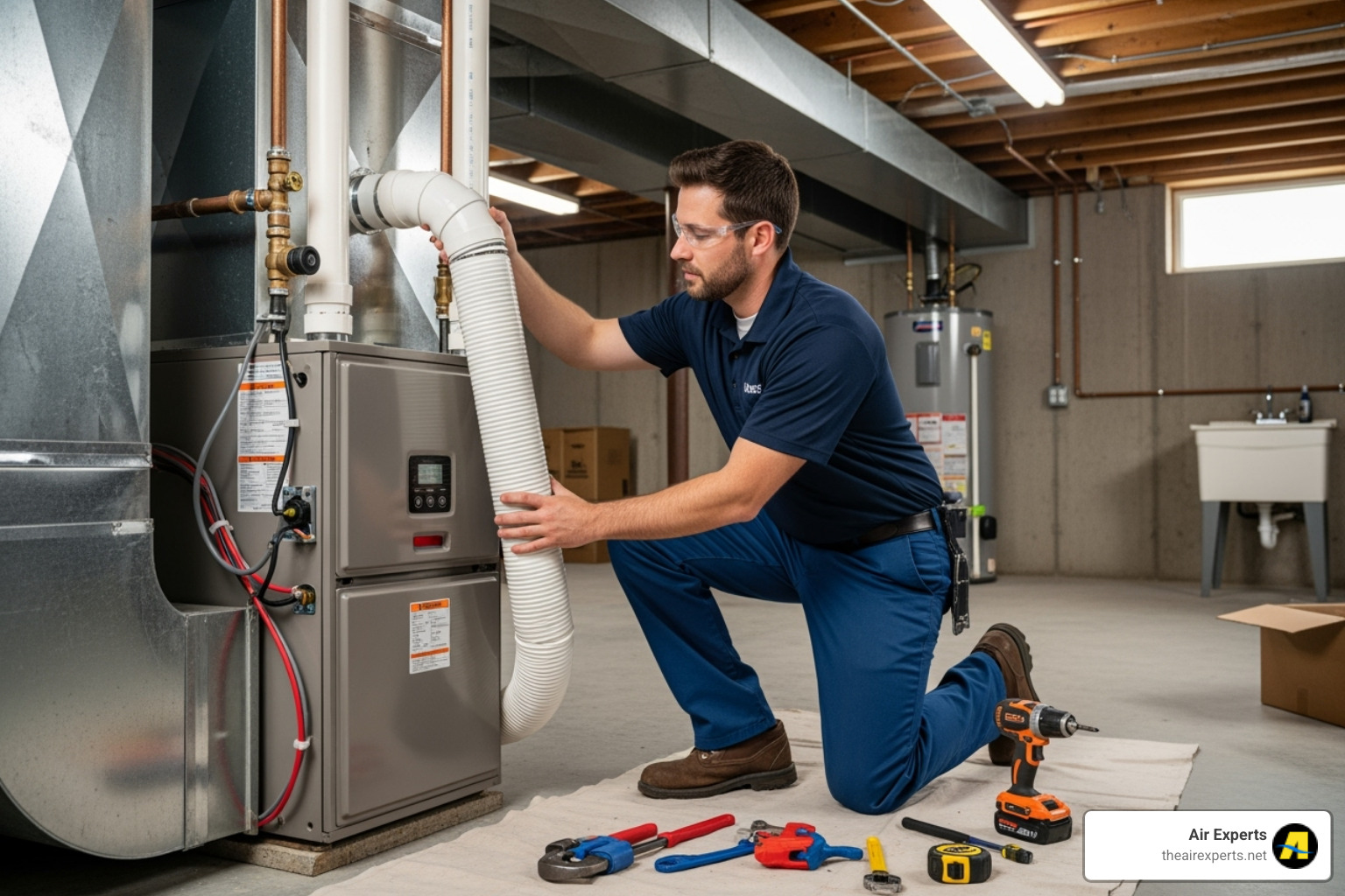Professional technician carefully installing a new furnace - Furnace replacement Pelham