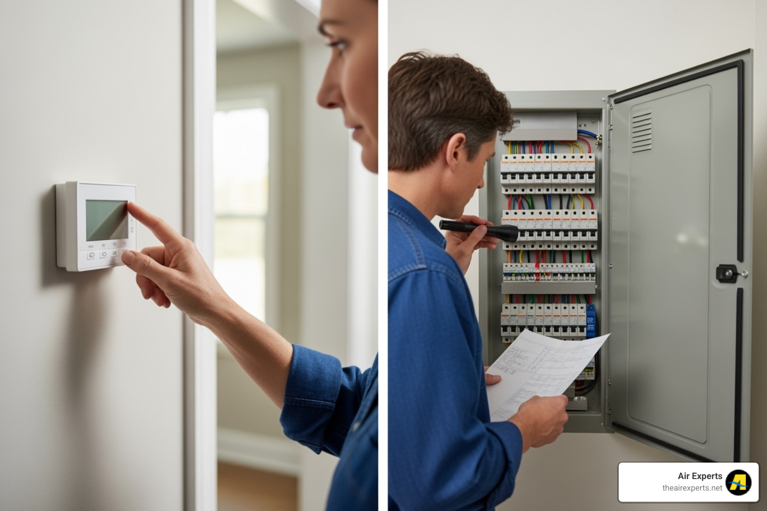 image of a person safely checking their thermostat and circuit breaker panel - emergency heat pump repair birmingham al