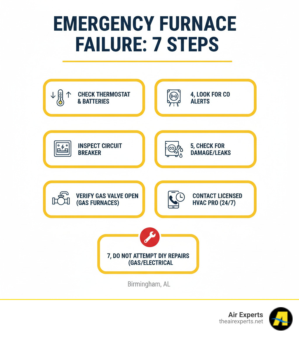 Infographic showing emergency furnace failure response steps: 1) Check thermostat settings and batteries, 2) Inspect circuit breaker panel for tripped switches, 3) Verify gas valve is open (gas furnaces), 4) Look for carbon monoxide detector alerts, 5) Check for visible damage or leaks around unit, 6) Contact licensed HVAC professional for 24/7 emergency service, 7) Do not attempt DIY repairs on gas or electrical components - emergency furnace replacement birmingham al infographic 