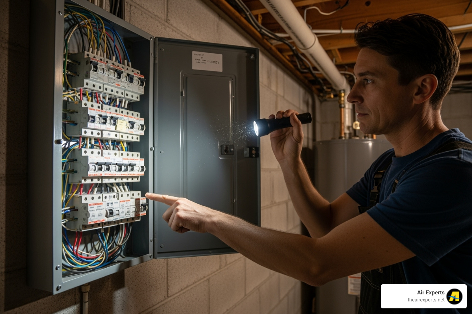 homeowner checking circuit breaker panel - HVAC system troubleshooting guide homeowner checking circuit breaker panel - HVAC system troubleshooting guide