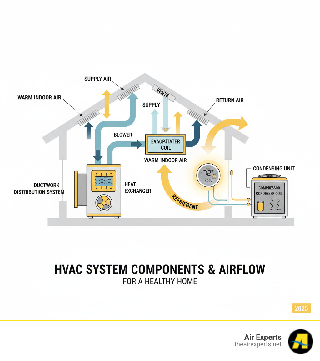 Detailed infographic showing HVAC system components including furnace with heat exchanger and blower, outdoor condensing unit with compressor and condenser coil, indoor evaporator coil, thermostat on wall, and ductwork distribution system with arrows showing airflow patterns throughout a home - HVAC system troubleshooting guide infographic Detailed infographic showing HVAC system components including furnace with heat exchanger and blower, outdoor condensing unit with compressor and condenser coil, indoor evaporator coil, thermostat on wall, and ductwork distribution system with arrows showing airflow patterns throughout a home - HVAC system troubleshooting guide infographic