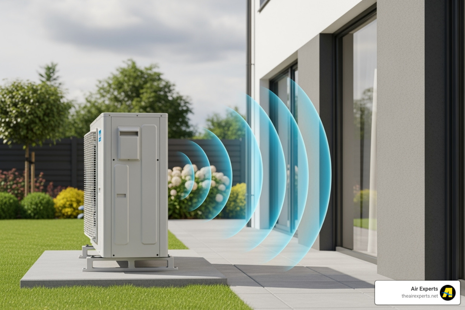 a heat pump outdoor unit with illustrative sound waves coming from it - heat pump service a heat pump outdoor unit with illustrative sound waves coming from it - heat pump service