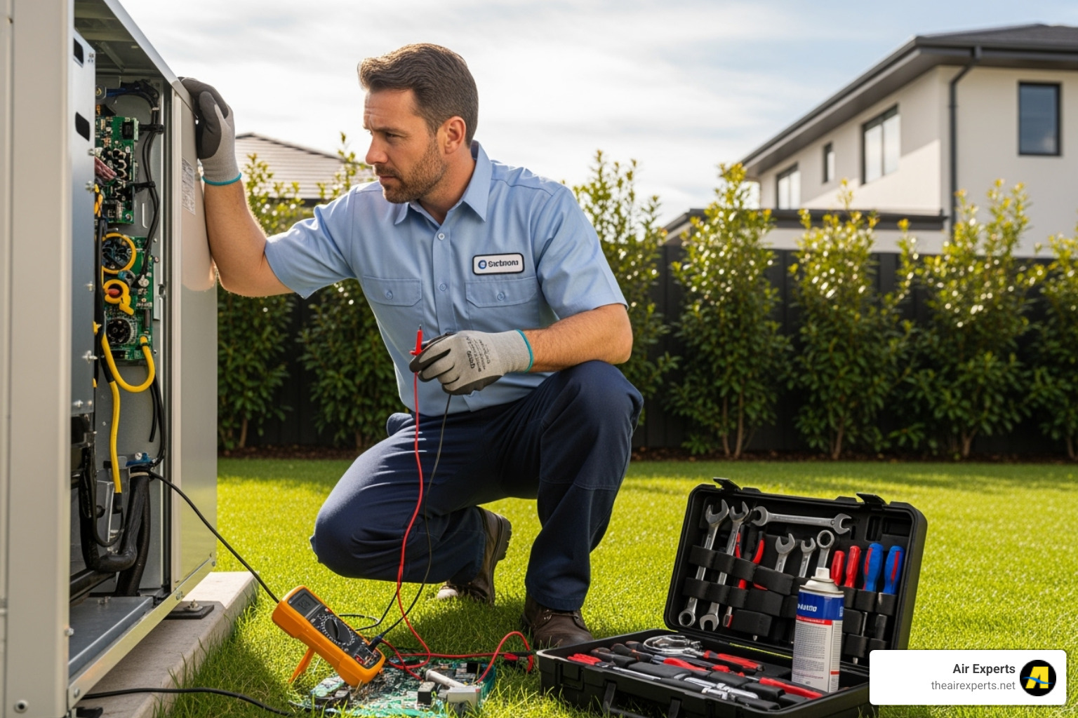a professional technician servicing a heat pump's outdoor unit - heat pump service a professional technician servicing a heat pump's outdoor unit - heat pump service
