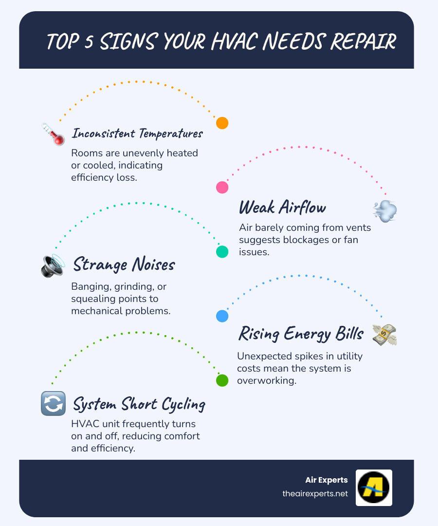 infographic showing five warning signs HVAC system needs repair including strange noises weak airflow high energy bills inconsistent temperatures and frequent cycling - HVAC repair Homewood AL infographic infographic-line-5-steps-blues-accent_colors infographic showing five warning signs HVAC system needs repair including strange noises weak airflow high energy bills inconsistent temperatures and frequent cycling - HVAC repair Homewood AL infographic infographic-line-5-steps-blues-accent_colors