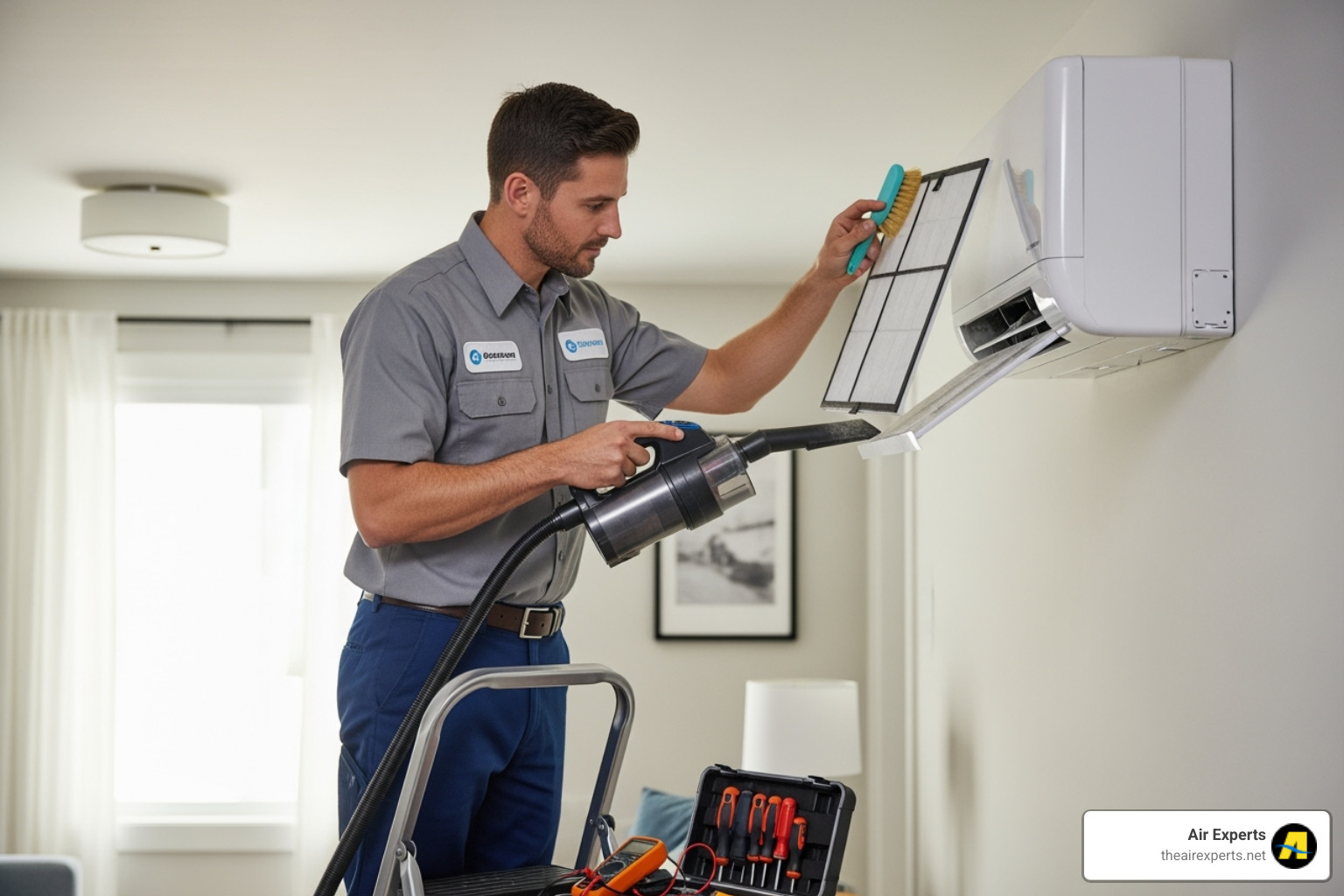 technician cleaning mini-split filter - Mini split installation Birmingham