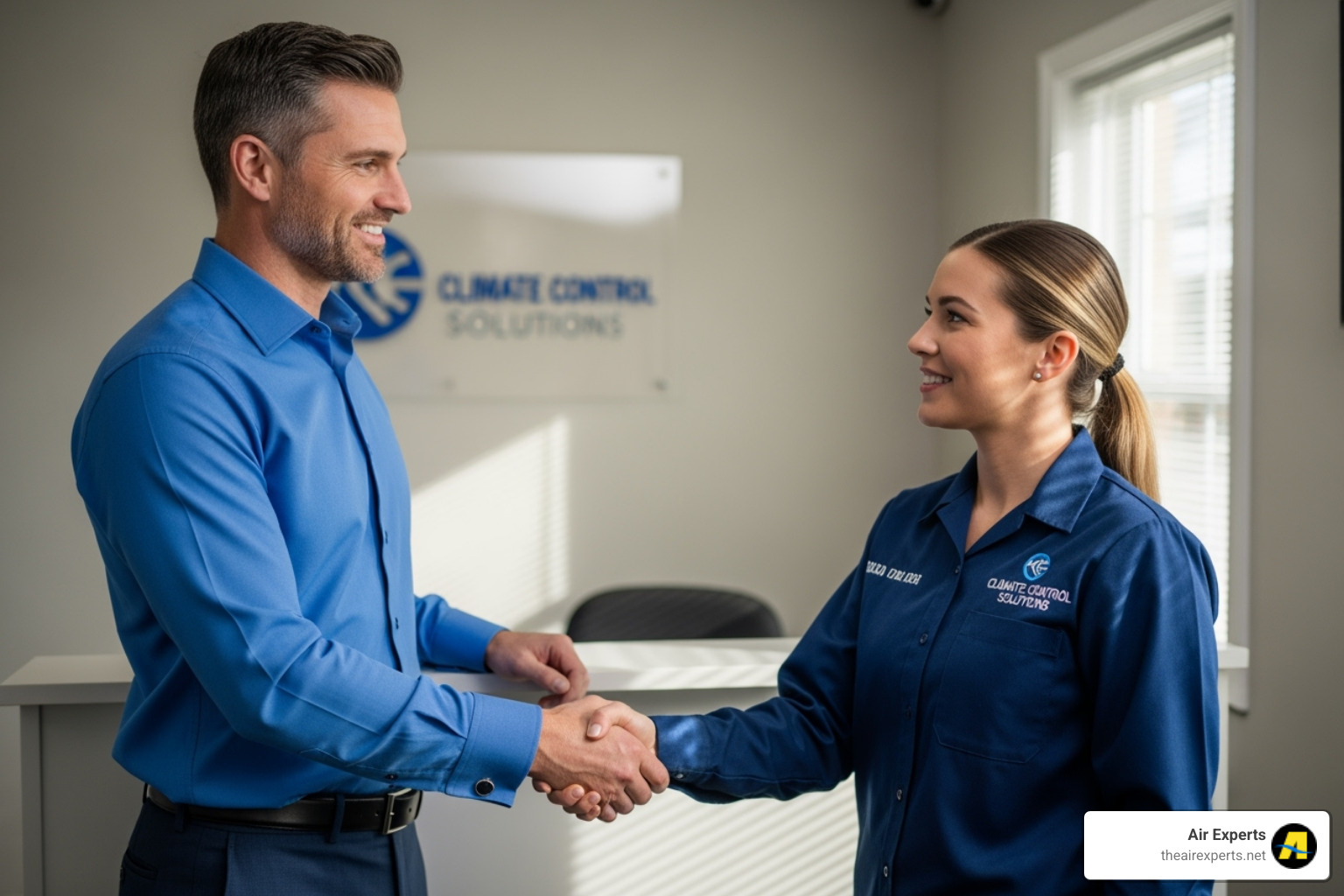 image of a business owner shaking hands with a uniformed HVAC technician - licensed commercial hvac contractors trussville al image of a business owner shaking hands with a uniformed HVAC technician - licensed commercial hvac contractors trussville al