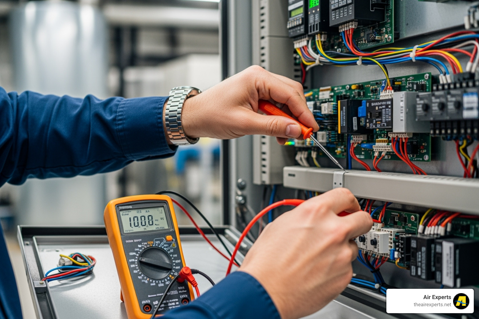 image of a technician performing a detailed maintenance check on a commercial unit's control panel - licensed commercial hvac contractors trussville al image of a technician performing a detailed maintenance check on a commercial unit's control panel - licensed commercial hvac contractors trussville al