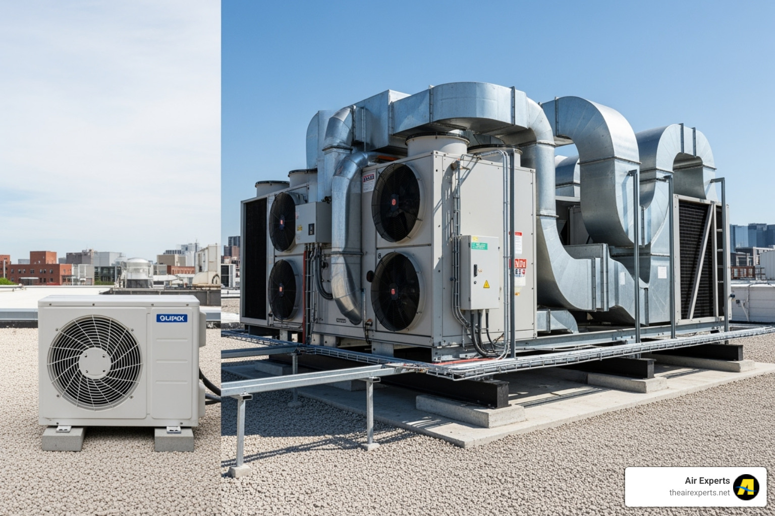 image comparing a small residential AC unit next to a large, complex commercial rooftop unit - licensed commercial hvac contractors trussville al image comparing a small residential AC unit next to a large, complex commercial rooftop unit - licensed commercial hvac contractors trussville al