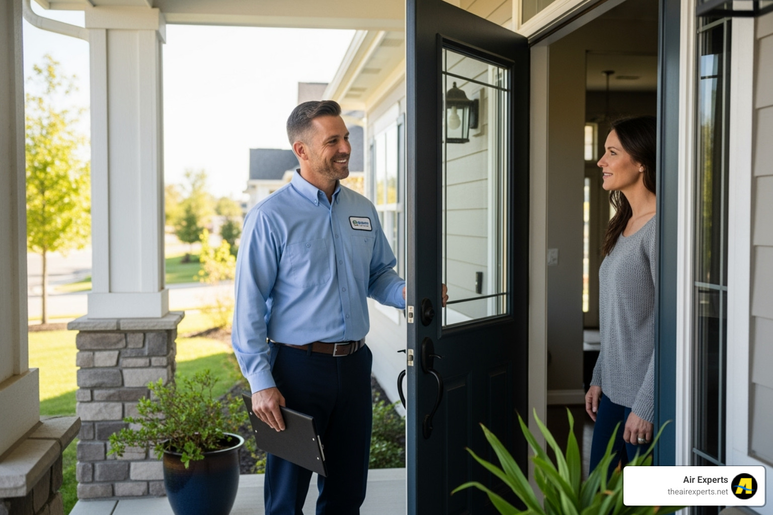friendly, professional technician speaking with a homeowner at their front door - heat pump maintenance service trussville al