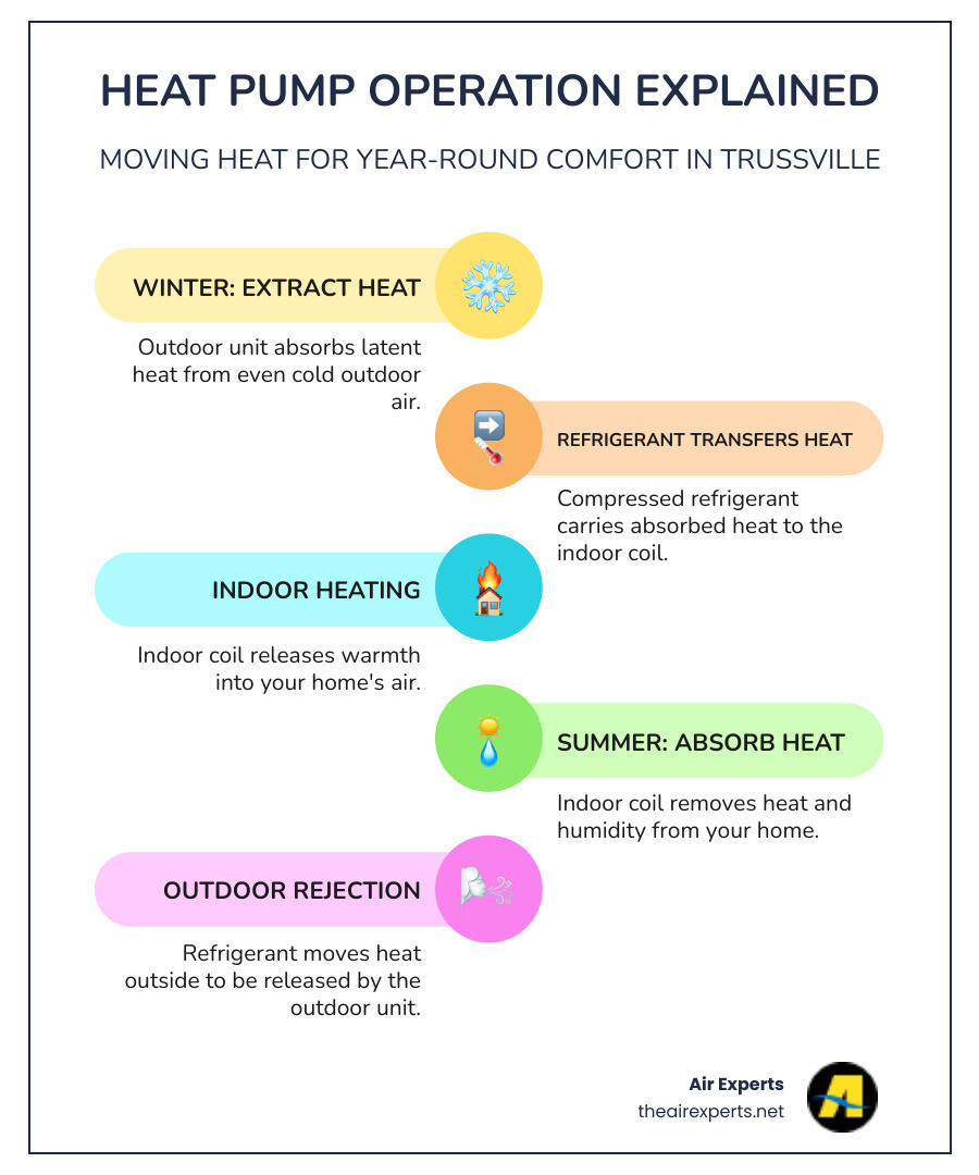Infographic showing heat pump operation: outdoor unit extracting heat in winter mode with arrows showing heat transfer indoors, and reverse process in summer mode removing heat from inside to outside, with labels for coils, refrigerant flow, and seasonal cycles - heat pump maintenance service trussville al infographic infographic-line-5-steps-colors