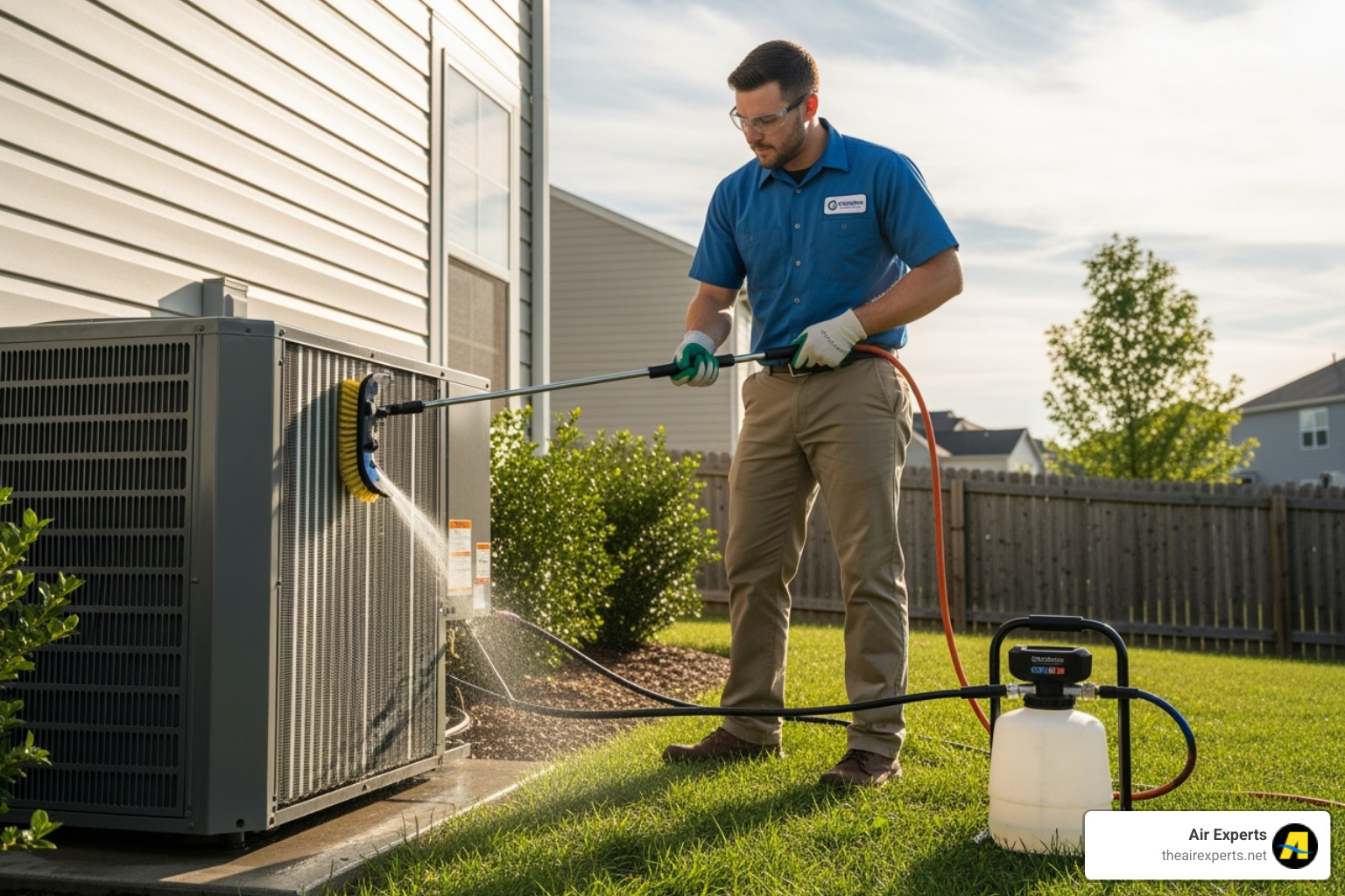 technician cleaning the coils of an outdoor heat pump unit - heat pump maintenance service trussville al