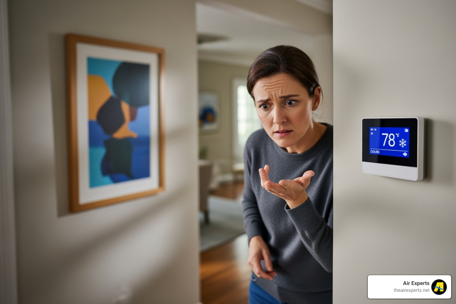 homeowner looking at their thermostat with a concerned expression - heat pump maintenance service trussville al