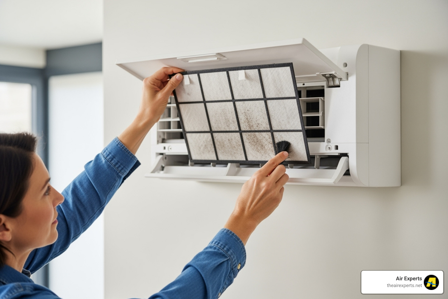 homeowner cleaning a mini-split air filter - ductless mini split repair