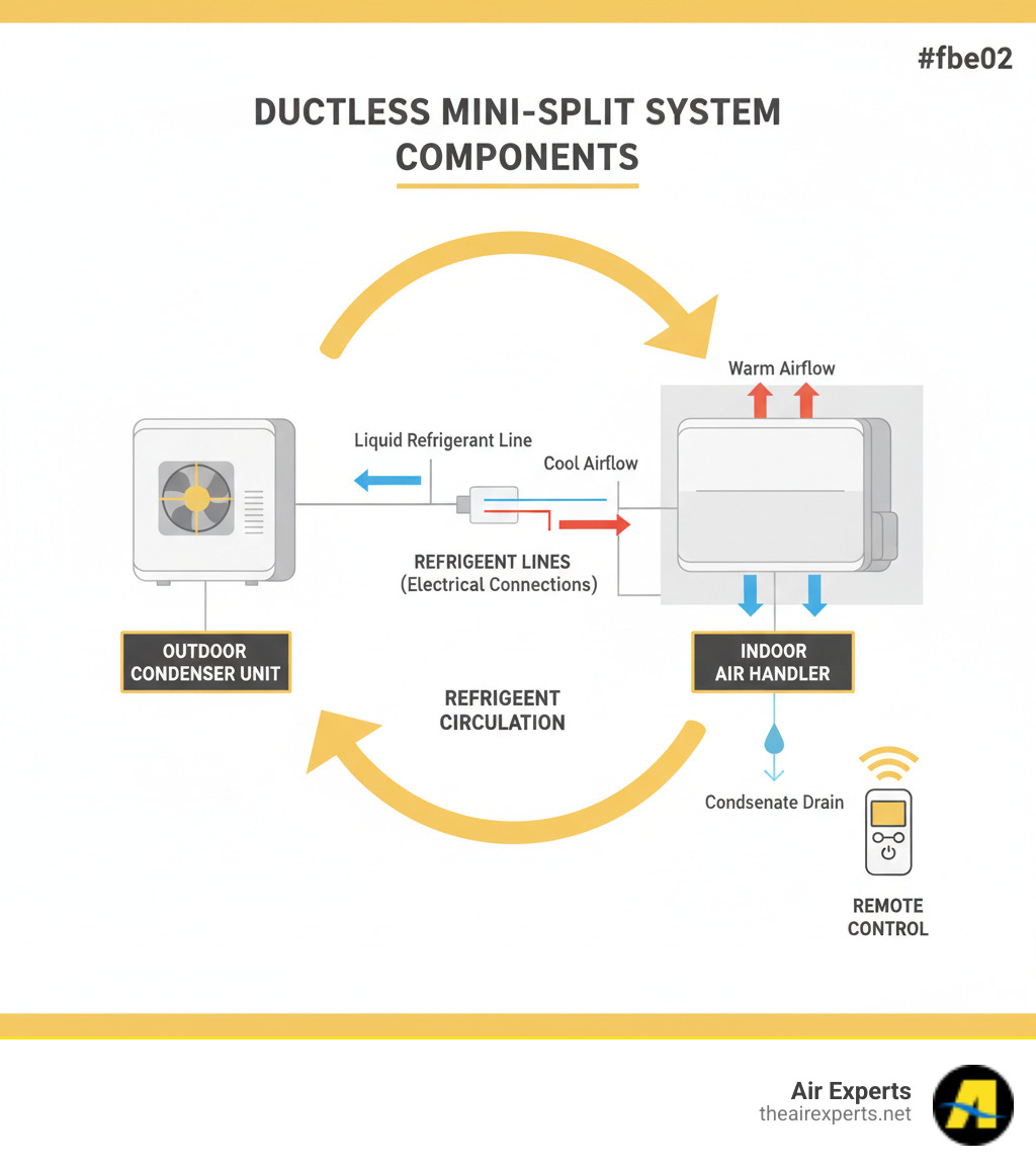 Detailed infographic showing ductless mini-split system components including outdoor condenser unit, indoor air handler, refrigerant lines, electrical connections, condensate drain, and remote control with arrows indicating airflow and refrigerant circulation - ductless mini split repair infographic 