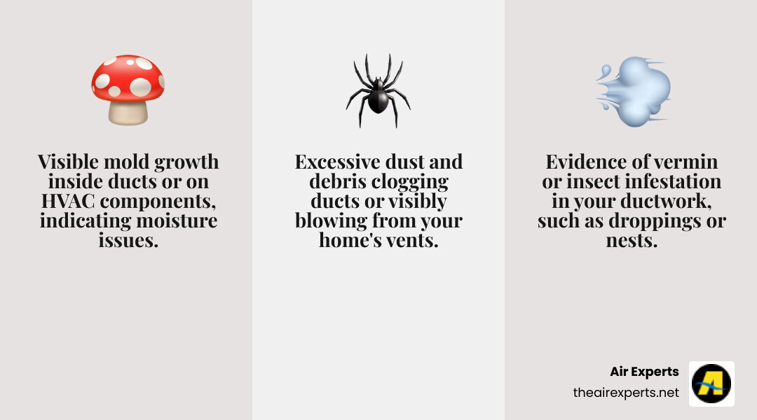 infographic showing three key signs you need duct cleaning: visible mold growth in ducts, vermin infestation evidence, and excessive dust blowing from vents with particles visible in the air - duct cleaning infographic 3_facts_emoji_grey