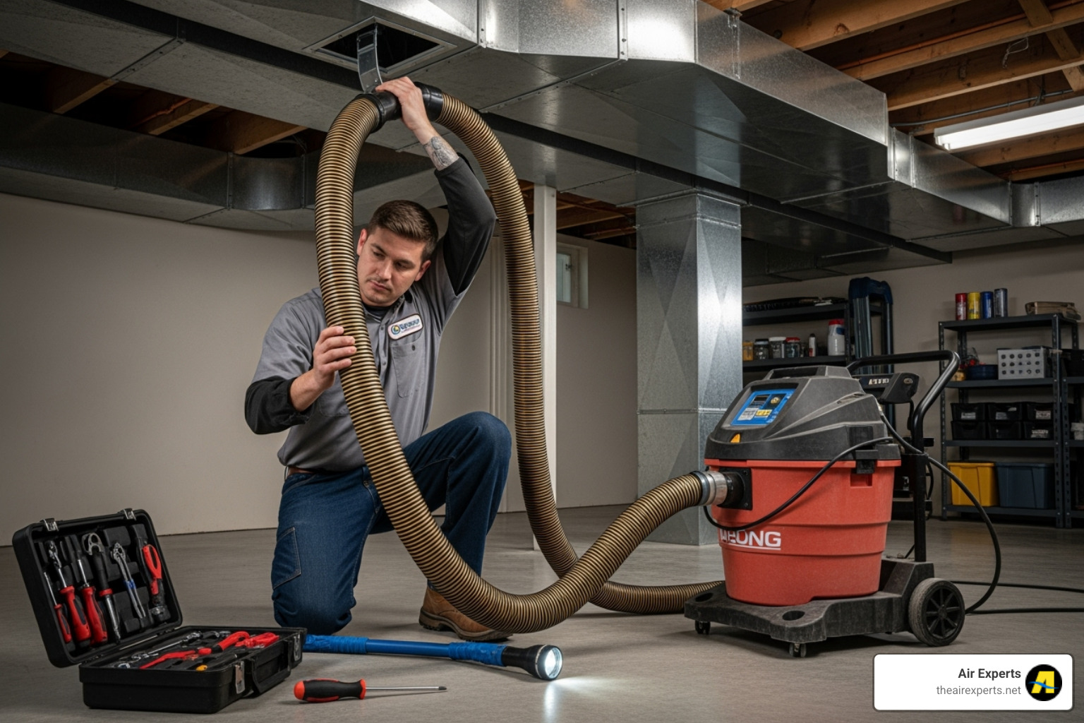 technician connecting a large vacuum hose to a home's duct system - duct cleaning