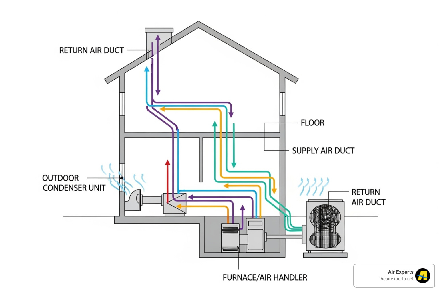 diagram of a home HVAC system showing ducts, furnace, and outdoor unit - duct cleaning