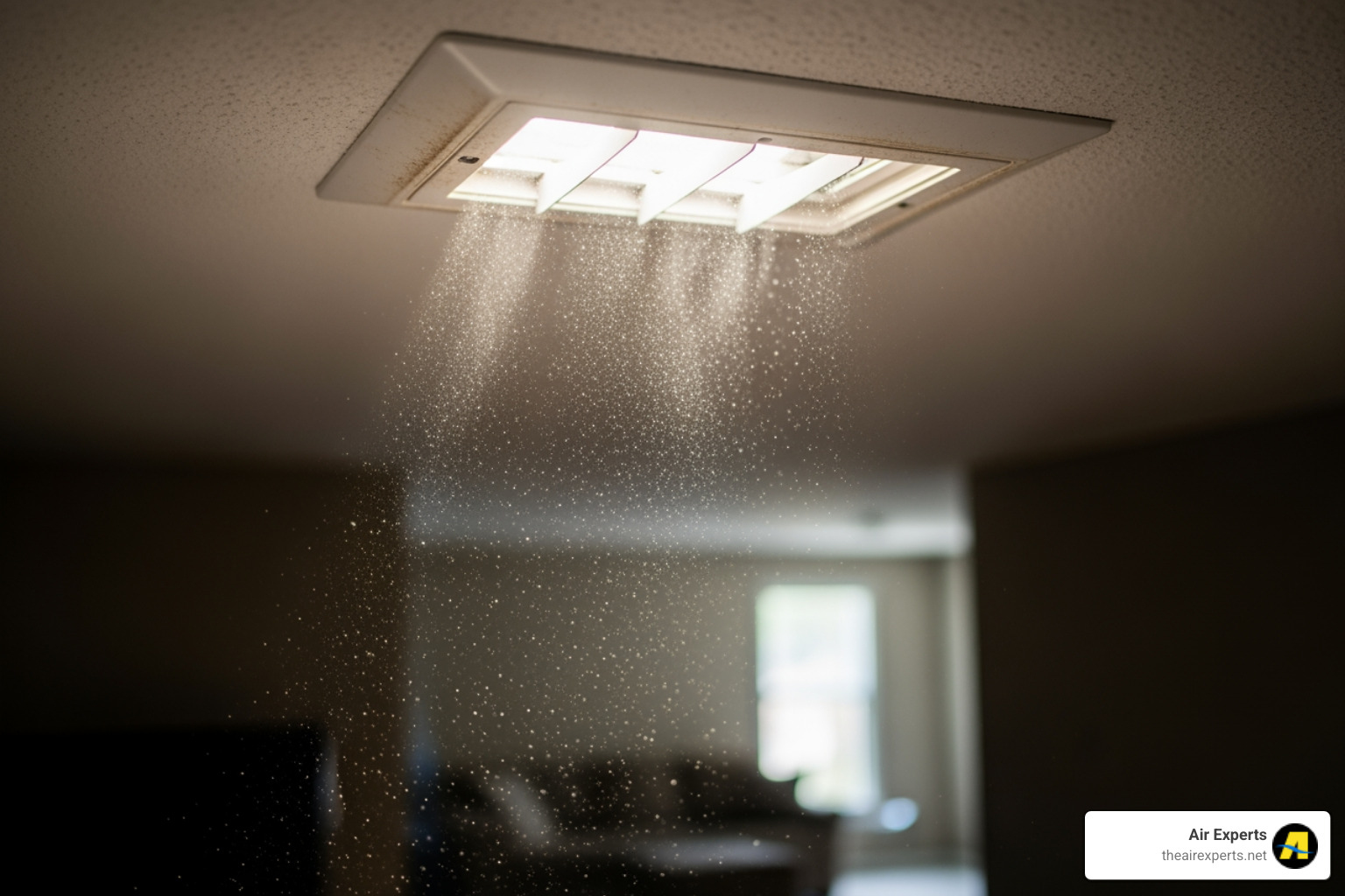 Dust particles visibly blowing from a ceiling air vent. - Air duct cleaning Birmingham