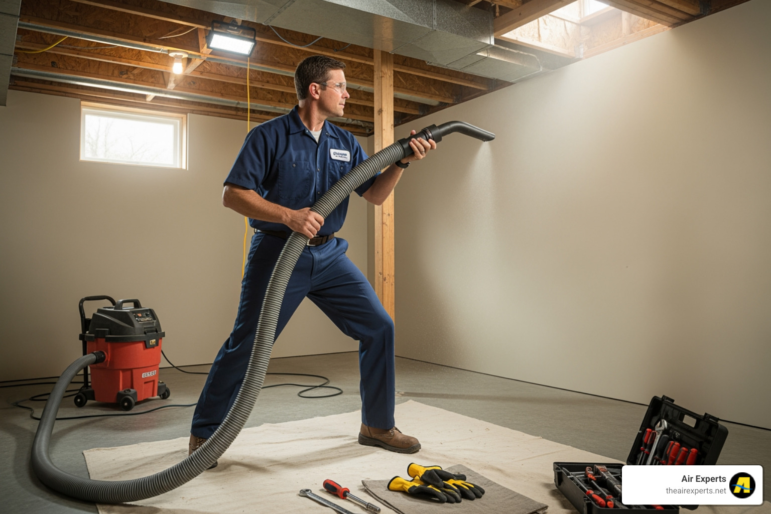 A uniformed technician using a high-powered vacuum hose on a home's duct system. - Air duct cleaning Birmingham