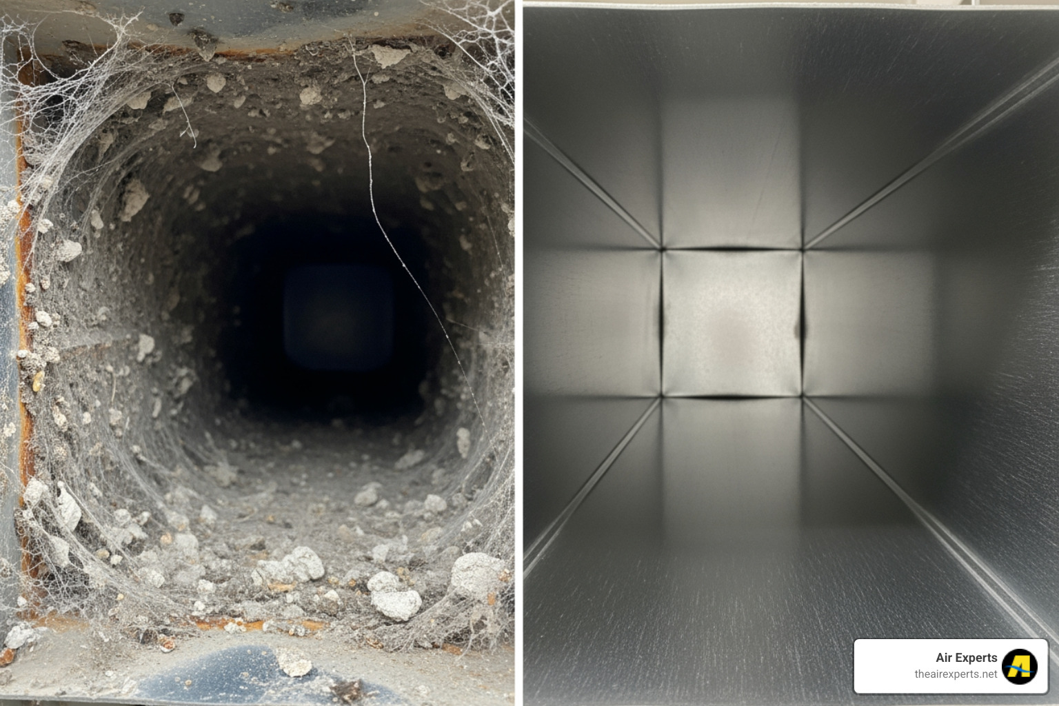 A side-by-side comparison showing the inside of a dirty, dusty air duct next to a clean one. - Air duct cleaning Birmingham