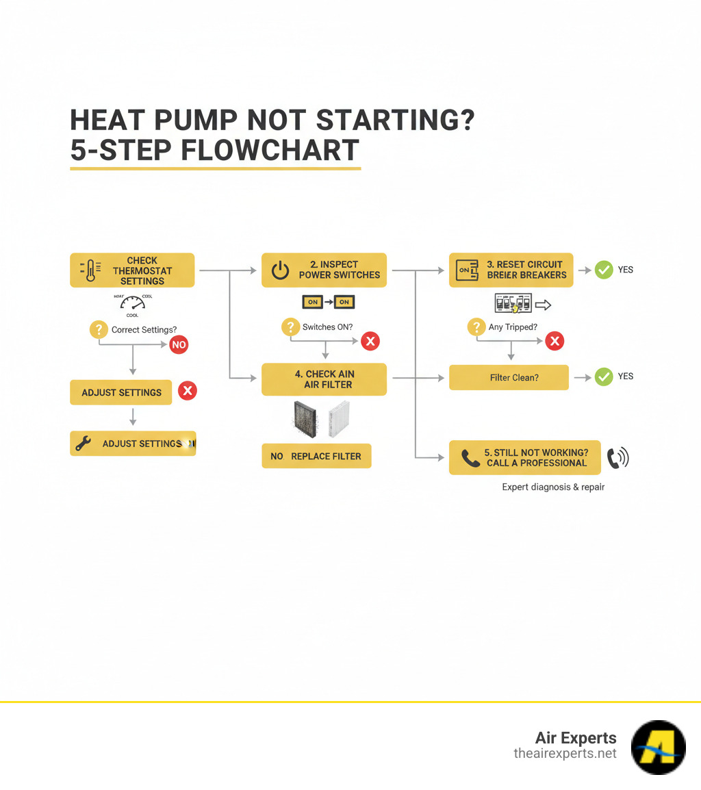 Detailed infographic showing a 5-step heat pump troubleshooting flowchart with icons for checking thermostat settings, power switches, circuit breakers, air filter condition, and when to call a professional, including visual indicators for each step - heat pump not turning on infographic 